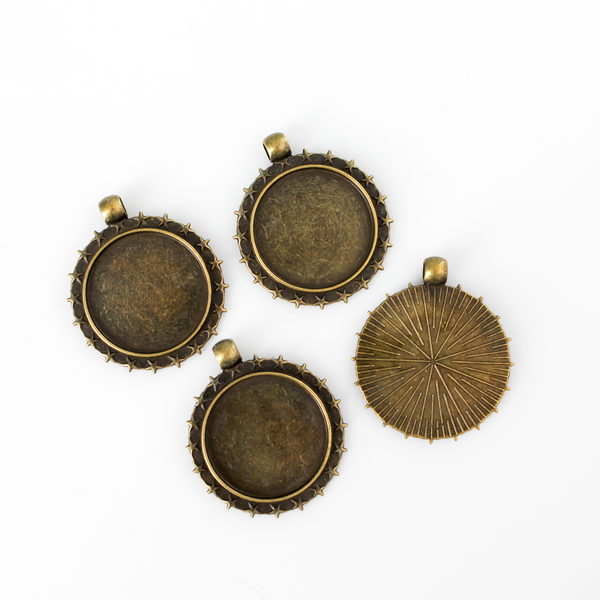 Bronze Bezel Pendants with Star Border - Round Cabochon Cameo Setting 25mm Tray, 4pcs