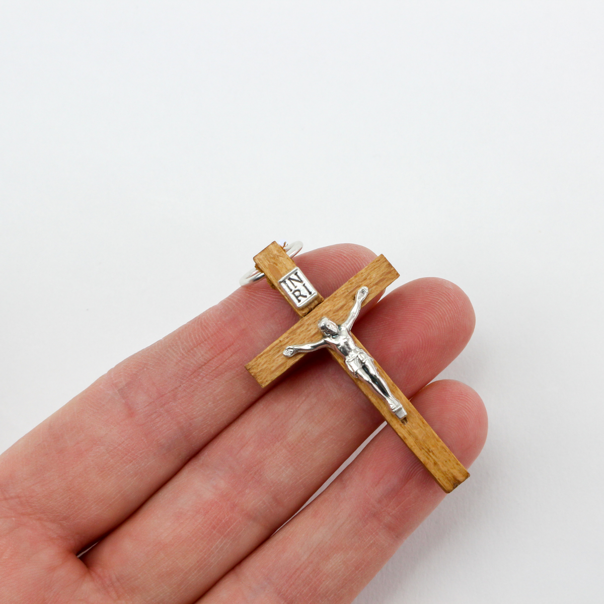 Brown Wood Crucifix Cross Pendant with Metal Corpus 1-3/4" long, Made in Italy