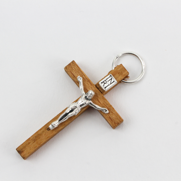 Brown Wood Crucifix Cross Pendant with Metal Corpus 1-3/4" long, Made in Italy