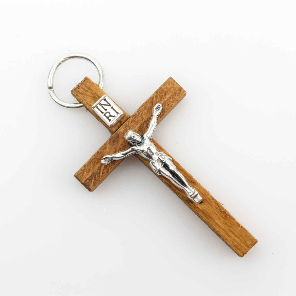 Brown Wood Crucifix Cross Pendant with Metal Corpus 1-3/4" long, Made in Italy