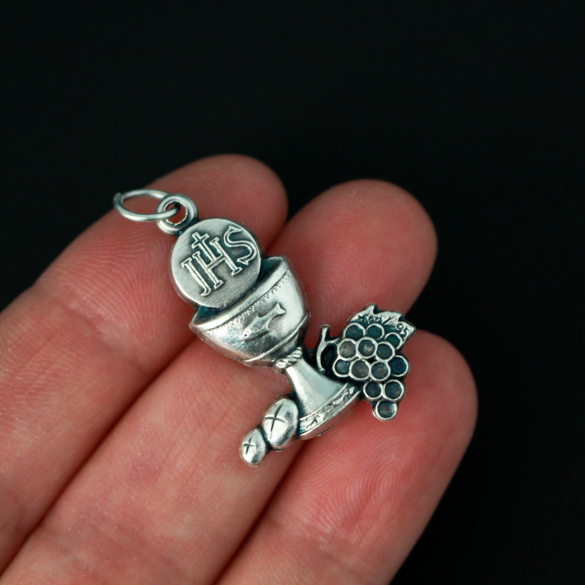 Communion Chalice charm that has the image of Jesus Ecce Homo, on the backside