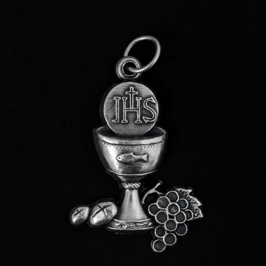 Communion Chalice charm that has the image of Jesus Ecce Homo, on the backside