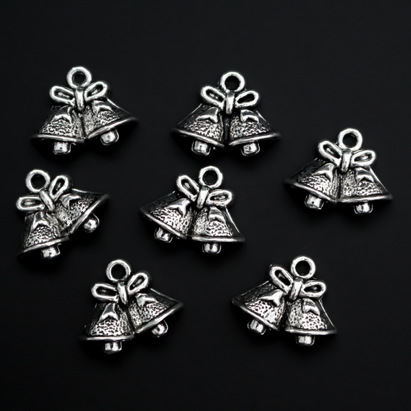 Silver tone Christmas bell charms, 14mm long