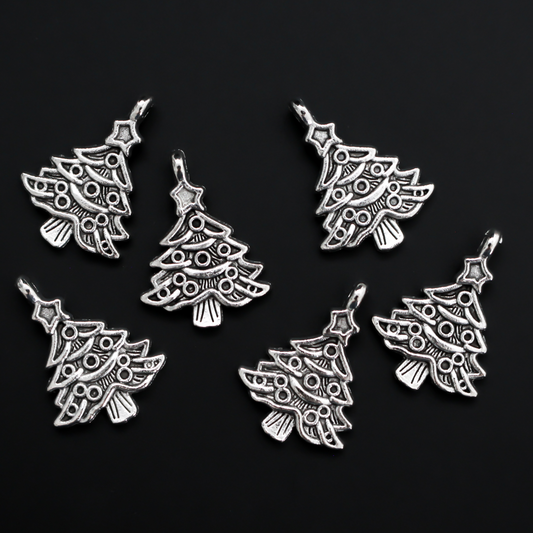 Silver tone Christmas tree charms, 24mm long