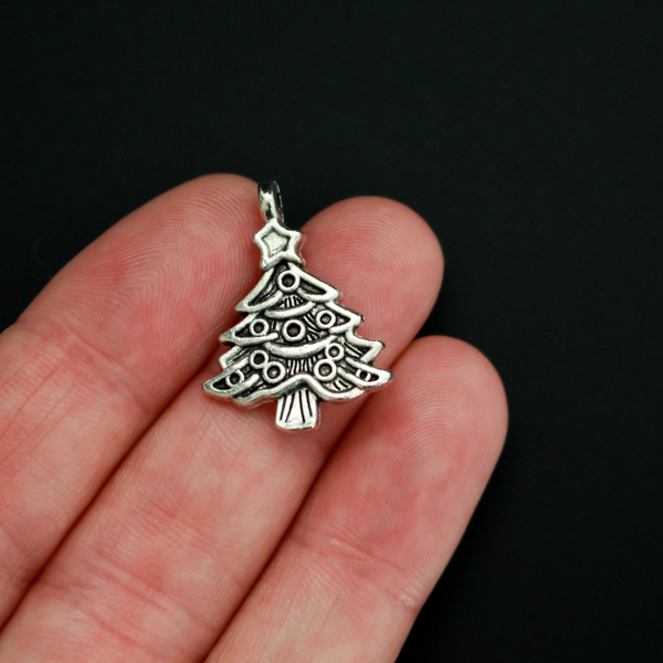 Silver tone Christmas tree charms, 24mm long