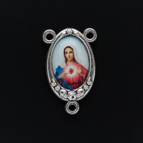 Our Lady of the Immaculate Heart of Mary inlaid in a silver oxidized rosary center 