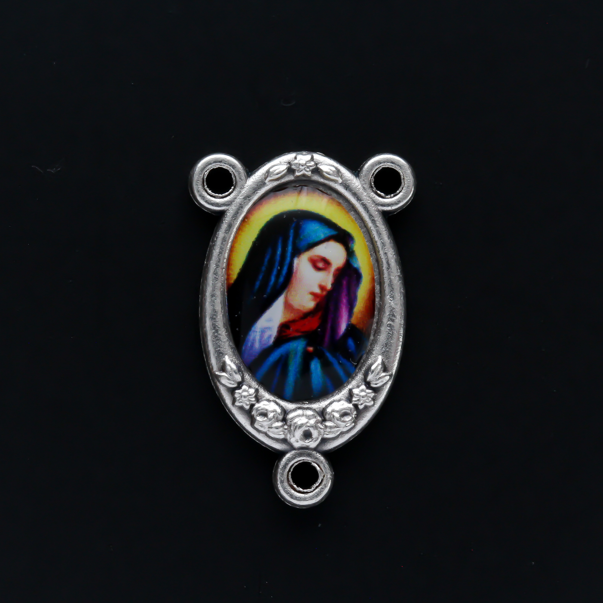 Our Lady of Sorrows Rosary Centerpiece with Color Image inlaid in Silver Oxidized Center Made in Italy
