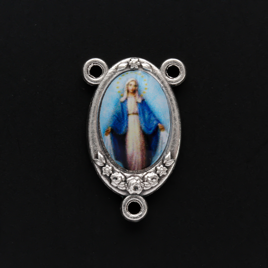 color image of Our Lady of the Miraculous Medal inlaid in a silver oxidized rosary centerpiece