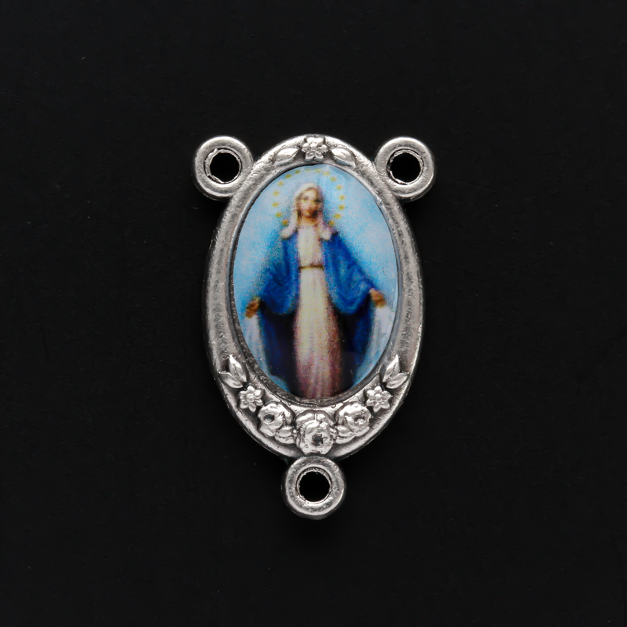 color image of Our Lady of the Miraculous Medal inlaid in a silver oxidized rosary centerpiece