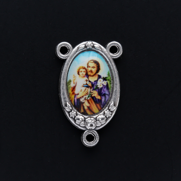 full-color image of St. Joseph inlaid in a silver oxidized rosary centerpiece