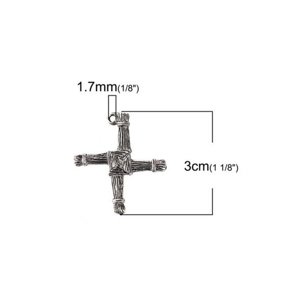Brigid's cross charm 1-1/8" long The cross is an antiqued silver-tone color and looks the same on both sides. There is no jump ring attached to the bail