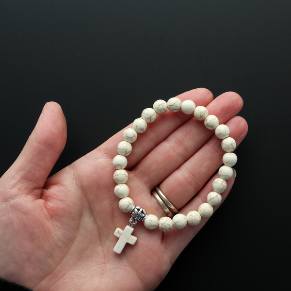Howlite Stretch Bracelet - Off White Cross Charm Bracelet with Attached Hanger Link to add on Charms