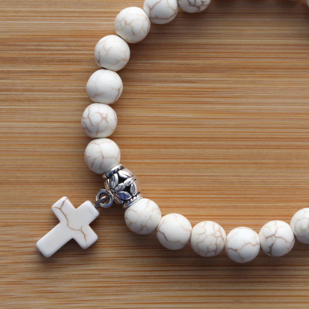 Howlite Stretch Bracelet - Off White Cross Charm Bracelet with Attached Hanger Link to add on Charms
