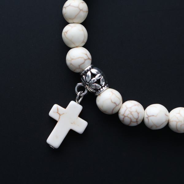 Howlite Stretch Bracelet - Off White Cross Charm Bracelet with Attached Hanger Link to add on Charms