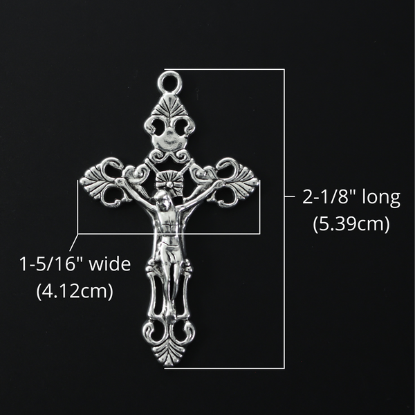 Large ornate fleur de lis crucifix cross in an antiqued silver-tone color and filigree cut out design