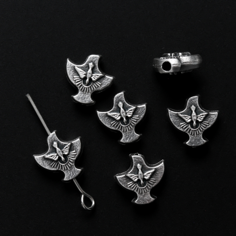Dove shaped metal spacer beads with the holy spirit on both sides, 9mm long