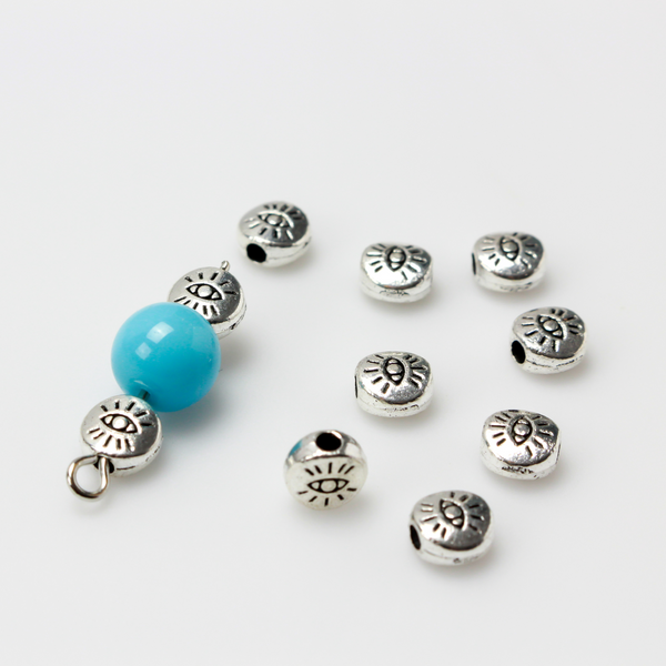 6mm Evil Eye Metal Spacer Beads - Round Flat Beads that are Double Sided, 50pcs