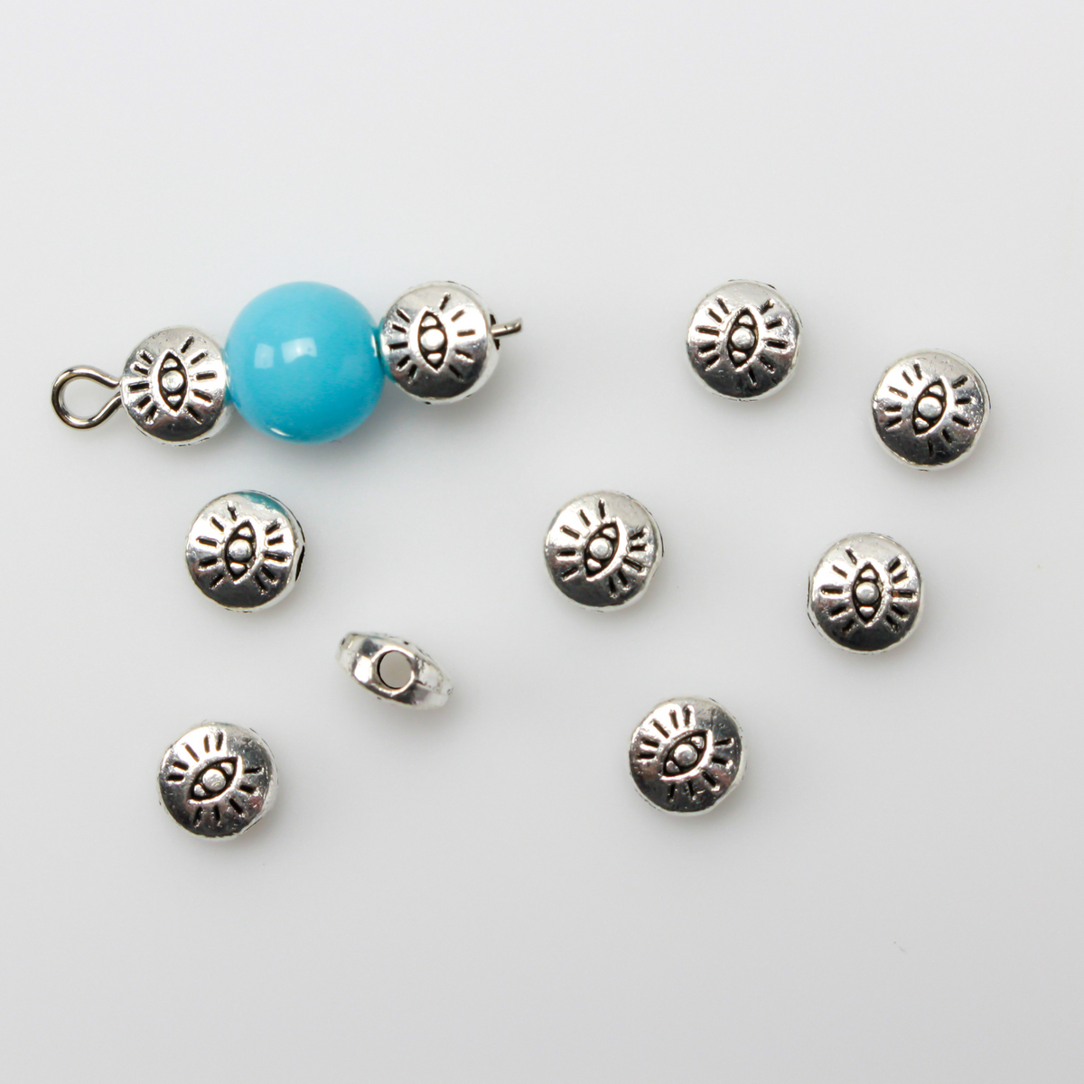 6mm Evil Eye Metal Spacer Beads - Round Flat Beads that are Double Sided, 50pcs