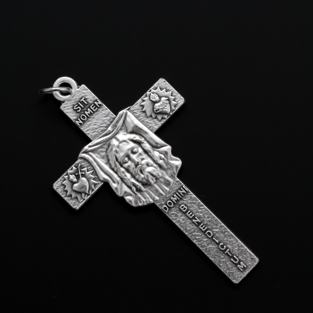 The Face Of Christ Crucifix Cross - In the Name of God, Get Behind Me Satan! 2-1/8" long