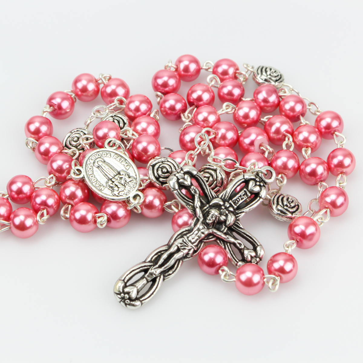 Our Lady of Fatima Rosary with 6mm Pink Glass Beads and Relic Center - 18" long