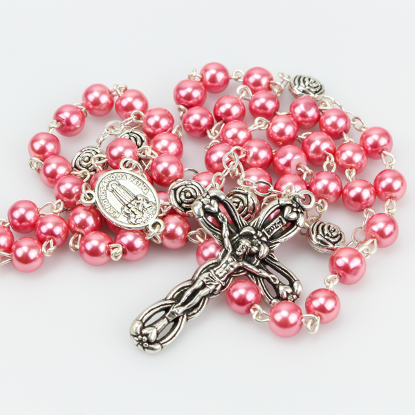 Our Lady of Fatima Rosary with 6mm Pink Glass Beads and Relic Center - 18" long