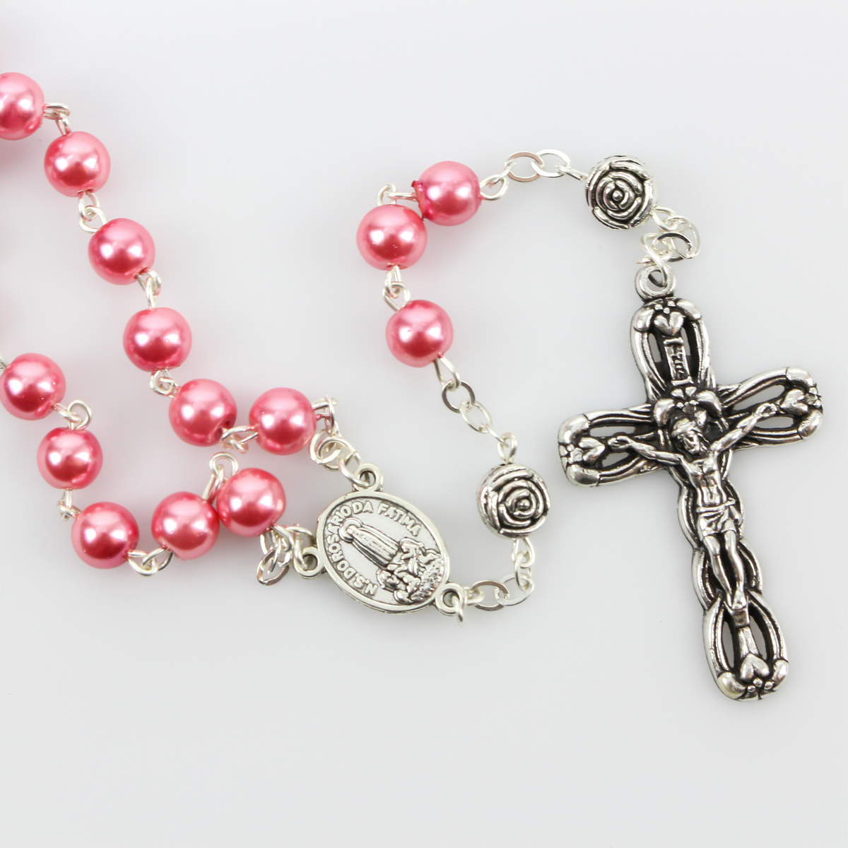 Our Lady of Fatima Rosary with 6mm Pink Glass Beads and Relic Center - 18" long