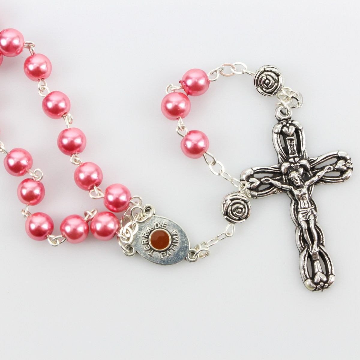 Our Lady of Fatima Rosary with 6mm Pink Glass Beads and Relic Center - 18" long