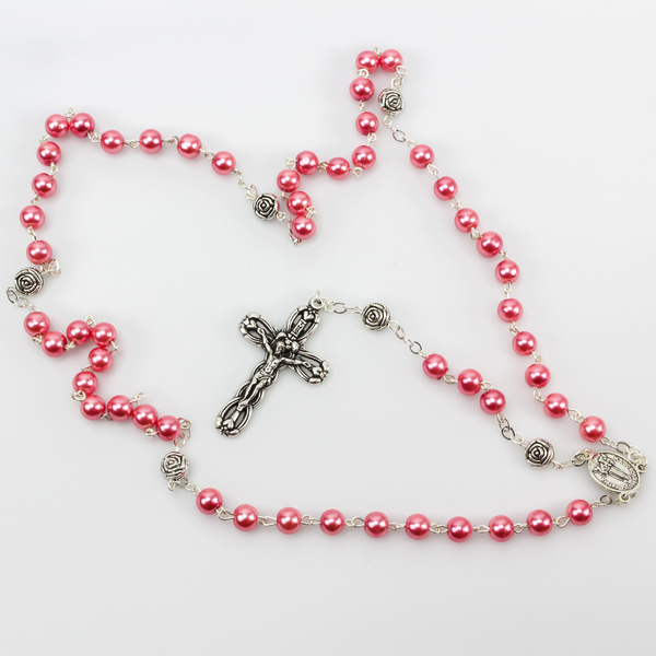 Our Lady of Fatima Rosary with 6mm Pink Glass Beads and Relic Center - 18" long