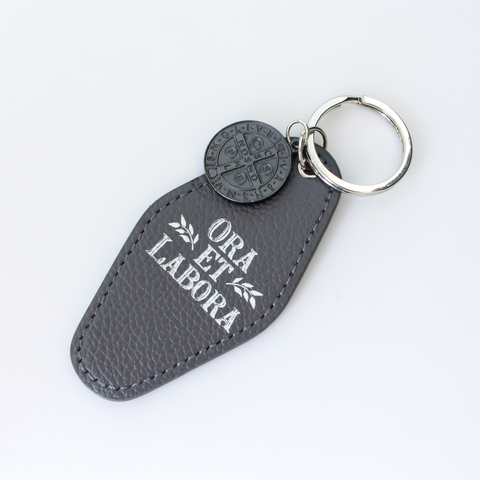 Ora Et Labora Key Chain, Imitation Leather with Saint Benedict Medal