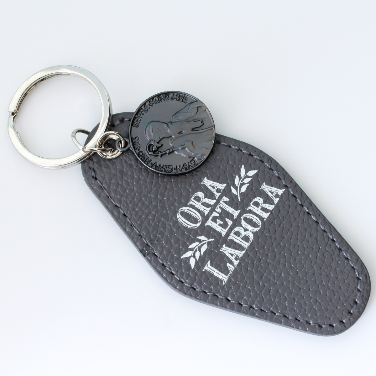 Ora Et Labora Key Chain, Imitation Leather with Saint Benedict Medal
