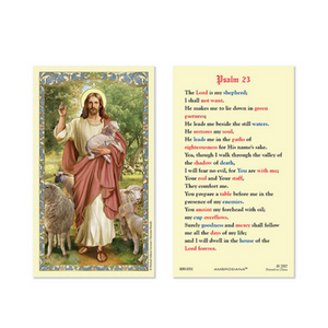 This laminated holy card features a beautiful Catholic image of Jesus the Good Shepherd on the front with a distinctive gold foil stamping design around the edge. It includes "Psalm 23" on the back