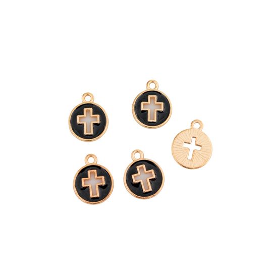 Black Enamel Round Charms with Cutout Cross Design - Light Gold Tone Setting, 14x12mm 5pcs
