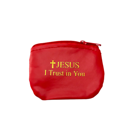 Jesus I trust in you rosary case that is red vinyl with gold lettering and a red metal zipper closure
