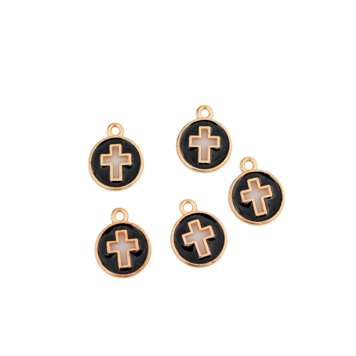 Black Enamel Round Charms with Cutout Cross Design - Light Gold Tone Setting, 14x12mm 5pcs