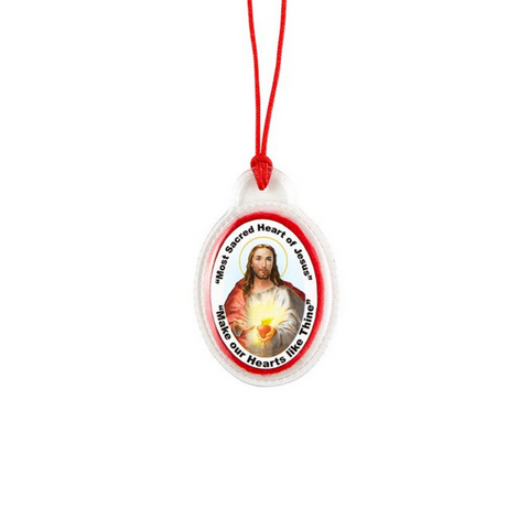 Sacred Heart Laminated Badge on Red Cord
