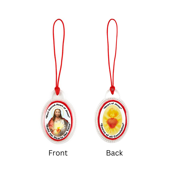 Sacred Heart Laminated Badge on Red Cord