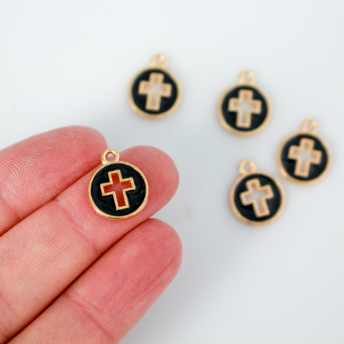 Black Enamel Round Charms with Cutout Cross Design - Light Gold Tone Setting, 14x12mm 5pcs