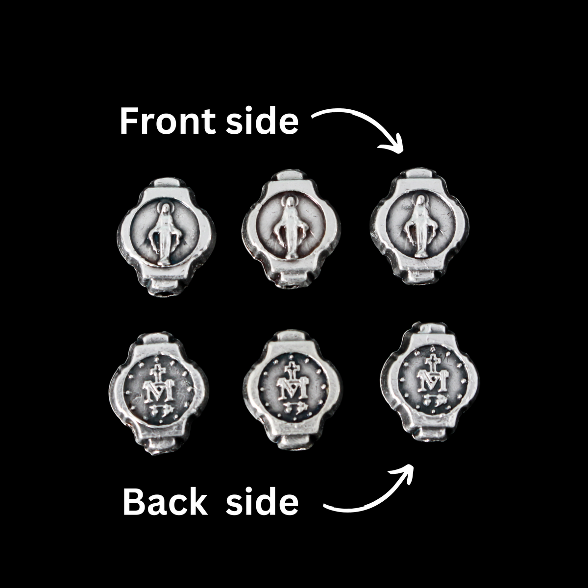 Miraculous Medal oval beads that are silver oxidized base metal made in Italy.