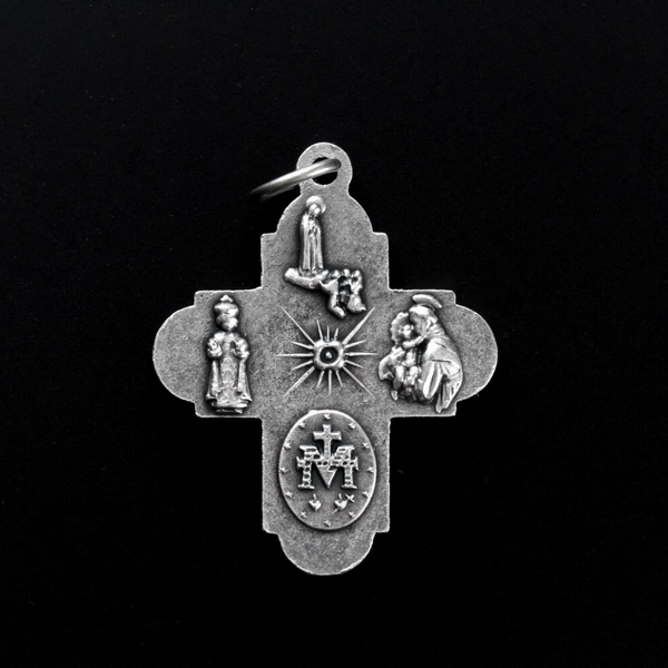 Five way cross that features five of the Church's most beloved medals all combined on the symbol of the sacred Cross 1-1/8" long