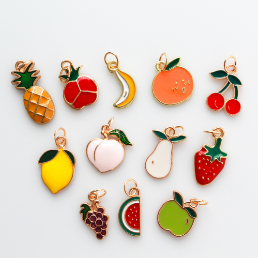 The Twelve Fruits of the Holy Spirit Charm Set - Enamel Fruit Pendants in Gold - Galatians 5:22-23