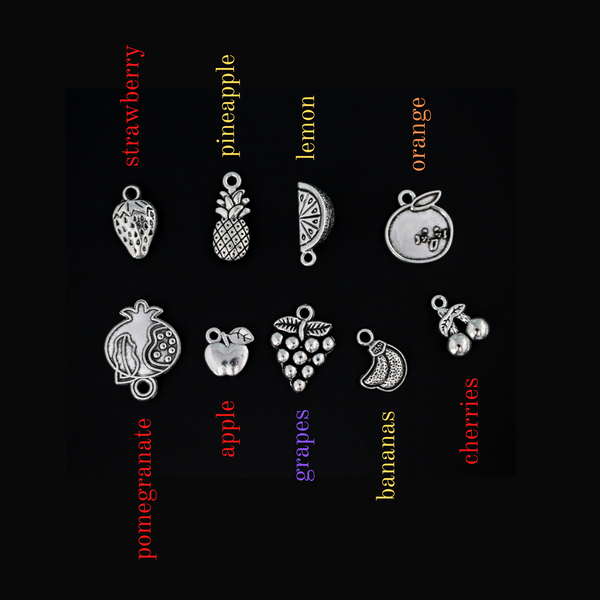 The Fruits of the Holy Spirit charm set. The set consists of 9 fruit charms that are Antiqued silver tone in color