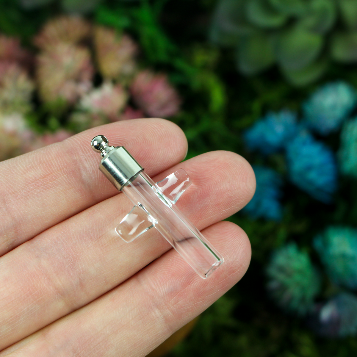 Glass Vial Cross Pendant - Holy Water Container - DIY Wishing Bottle with Screw on Bail 1-3/8" Long