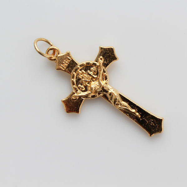 Gold Miraculous Medal crucifix that features flared edges and a detailed Miraculous Medal, front and back