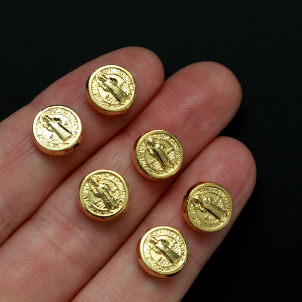 Saint Benedict Medal round flat beads that a gold plated with an alloy base metal, made in Italy