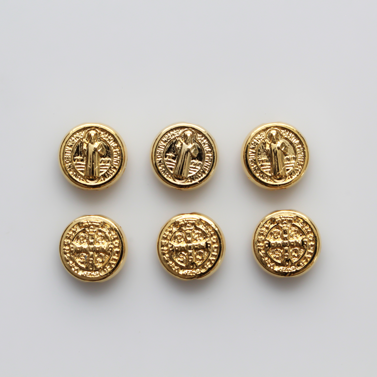 Saint Benedict Medal round flat beads that a gold plated with an alloy base metal, made in Italy