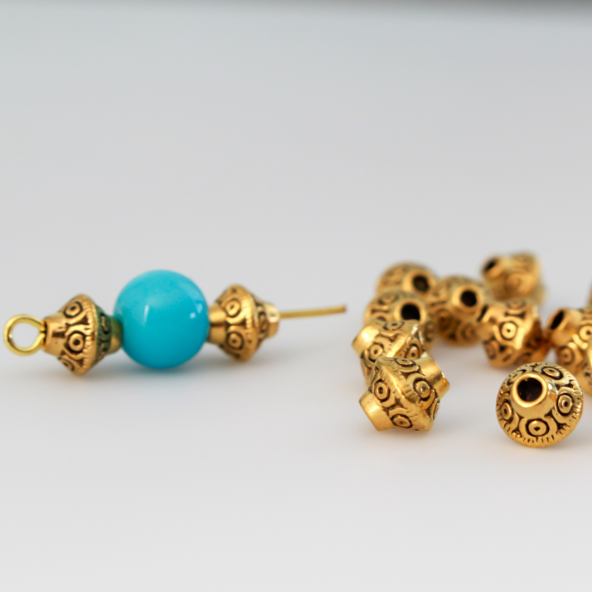 Gold Bicone Metal Spacer Beads Carved Dot Design 7mm x 6mm, 50pcs
