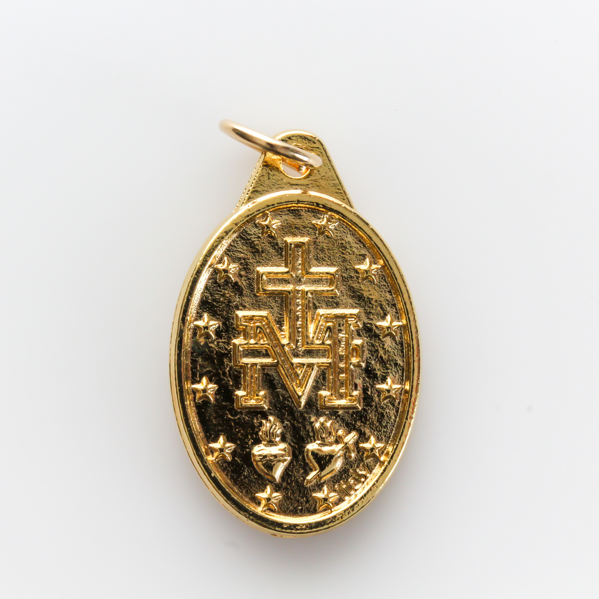 Traditional Miraculous Mary medal in English that is gold plated