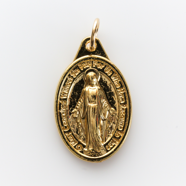 Traditional Miraculous Mary medal in English that is gold plated