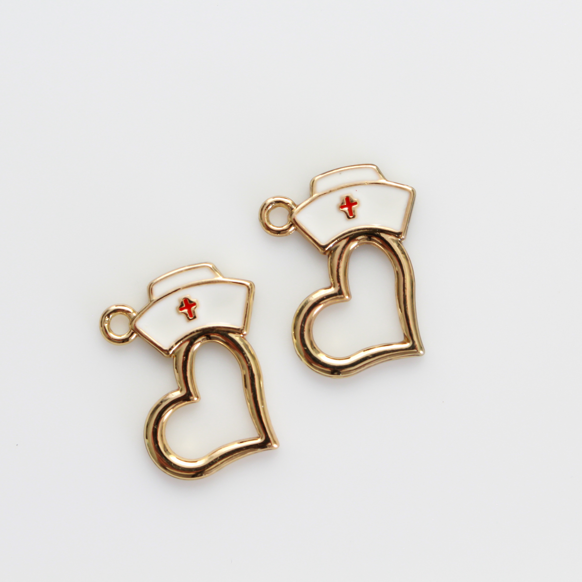 Nurse Cap Heart Charms Gold Plated White Enamel with Red Cross Design 5pcs
