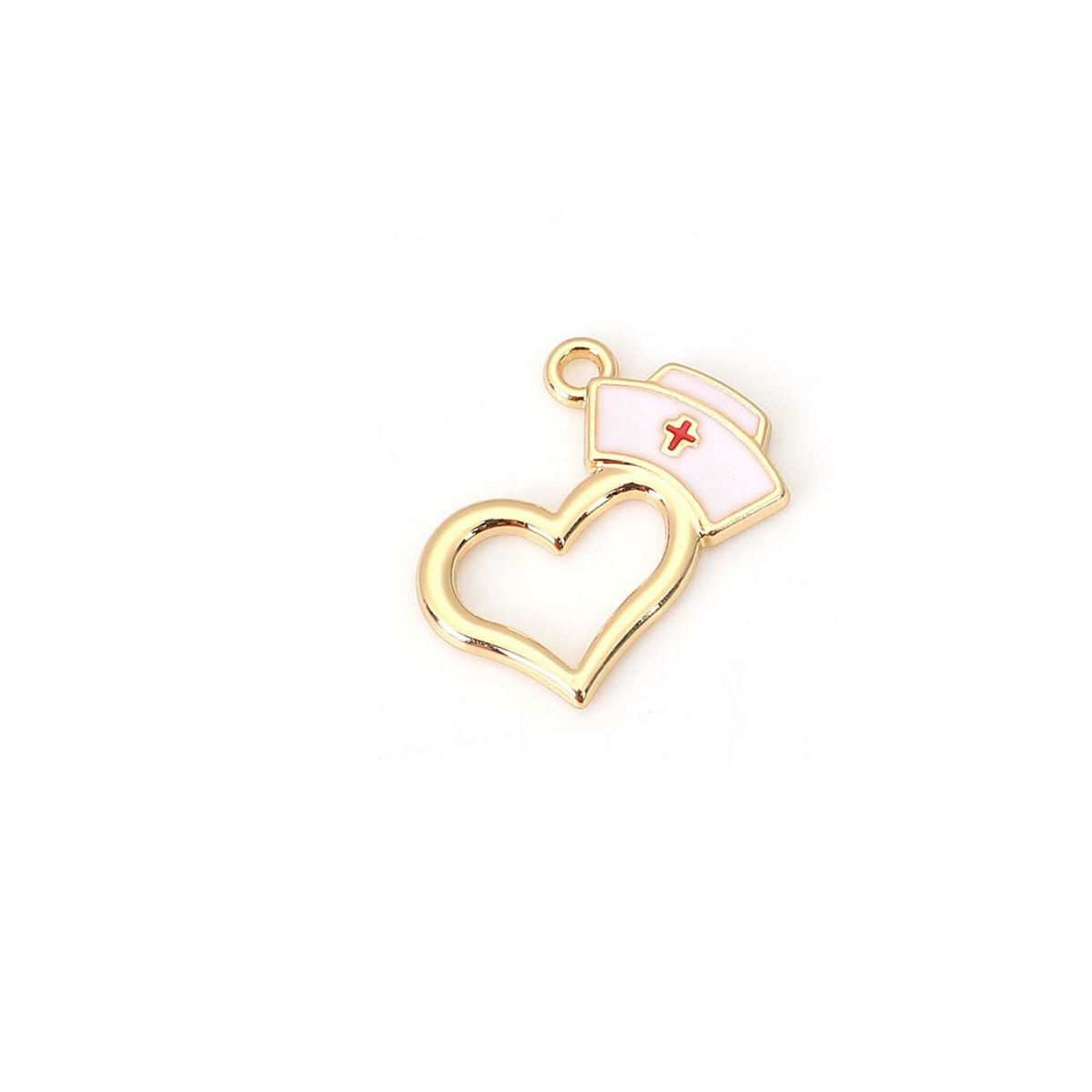 Nurse Cap Heart Charms Gold Plated White Enamel with Red Cross Design 5pcs